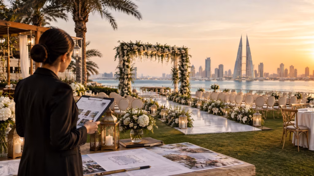 Wedding planner reviewing a Bahrain venue setup