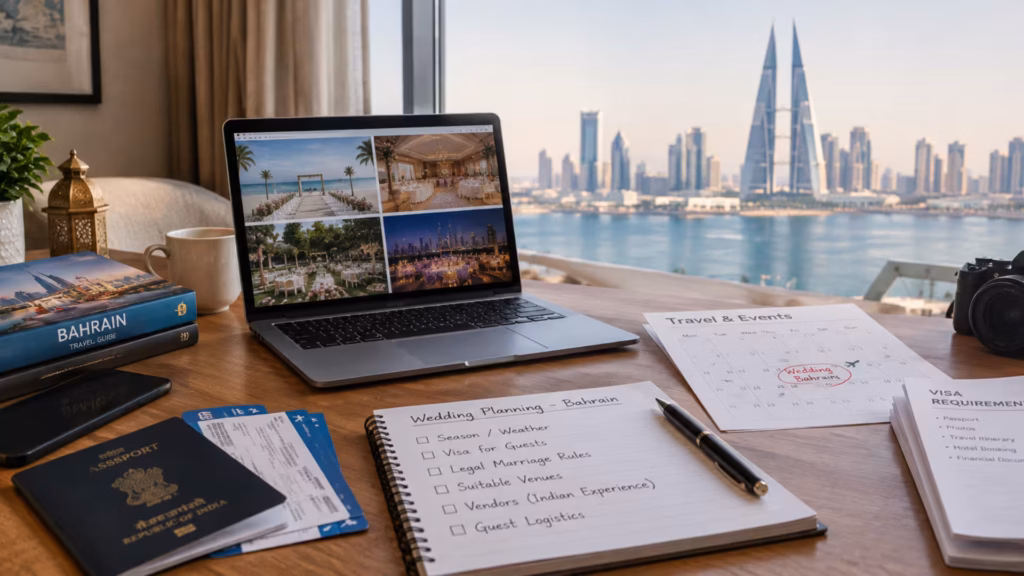 Bahrain wedding planning workspace with travel documents and visa checklist